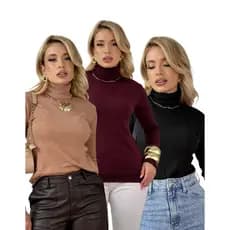 Kit 3 Blusa Cacharrel De Frio Feminina Gola Alta Malha Tricô