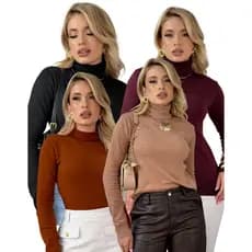 Kit 4 Blusa De Frio Basica Tricot Feminina Segunda Pele Lisa