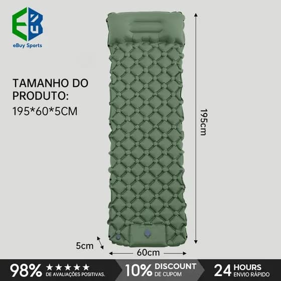 Colchão Inflável para Camping – Solteiro, Automático, com Travesseiro, 195x60x5cm