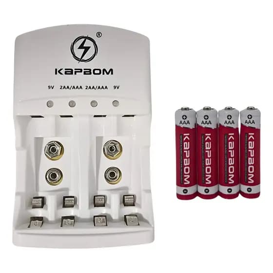 Carregador de Pilhas com LED + 04 Pilhas AAA Recarregáveis - KAPBOM