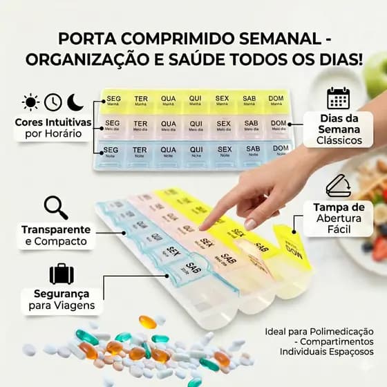 Porta Comprimido com 21 divisórias Organizador de Remédio e Suplementos