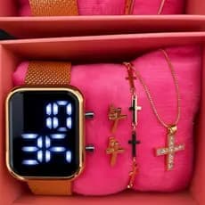 Kit Relógio LED Digital Dourado Feminino + Pulseira + Corrente + Brincos