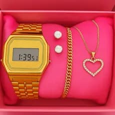 KIT RELÓGIO DIGITAL RETRÔ + PULSEIRA + CORRENTE + BRINCOS FASHION E ELEGANTE