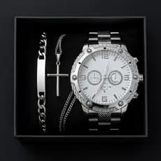Kit Masculino Premium em Aço Inoxidável – Relógio Grande + Corrente Cruz + Pulseira | Elegância e Estilo em Cada Detalhe