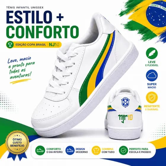 Tênis Infantil Casual Branco Super Confortável Criança 26 ao 33
