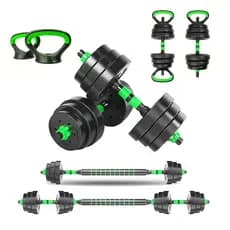Kit Halteres Aço Emborrachado 20kg Kettlebell Barra Crossfit Ajustavel Verde
