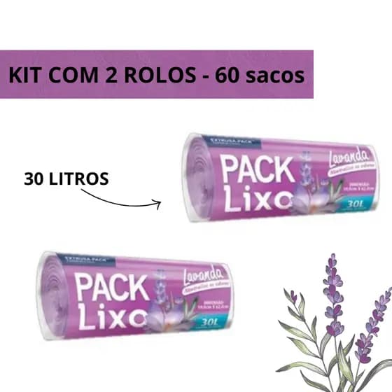 Saco De Lixo 30L Kit 60, 120 e 180 Sacos Pia, Banheiro Elimina Odor Perfumado Lavanda Pack Lixo