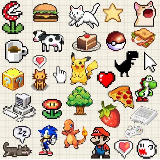 Kit 30 Adesivos arte Pixel Animais Lanche Game Vinil À Prova D'Água Garrafa Kindle Caderno Celular