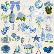 Kit 30 Adesivos Azul Blue Flores Mar para Garrafa Kindle Celular Notebook Vinil À Prova D'Água