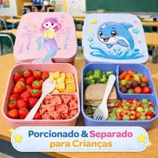 Marmita Infantil Escolar com Divisória e Colher Lancheira Kids Sereia Golfinho BPA Free Rosa Azul