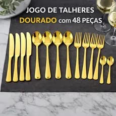 Jogo de Talheres 24 / 48 Peças Talher Aço Inox Cozinha Garfo Colher Faca Dourado Luxo Sofisticação