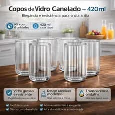 Jogo De Copos 6 Peças De Vidro Cameratta Canelado 420ml Suco Água Cozinha Clássico Premium