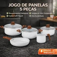 Jogo de Panelas Indução 5 Peças Cerâmica Antiaderente Cabo Soft Touch Frigideira 20cm Leiteira