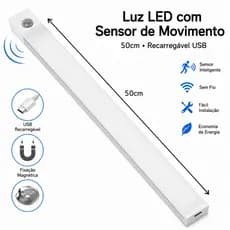 Smart Luminária Inteligente Ultra LED com sensor de movimento sem fio e Recarregável USB fino barra 50cm