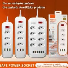 Régua de Energia 2500W Extensão 2M com Tomadas,  Entradas USB e  Tipo-C Multifuncional Bivolt Proteção Casa Office
