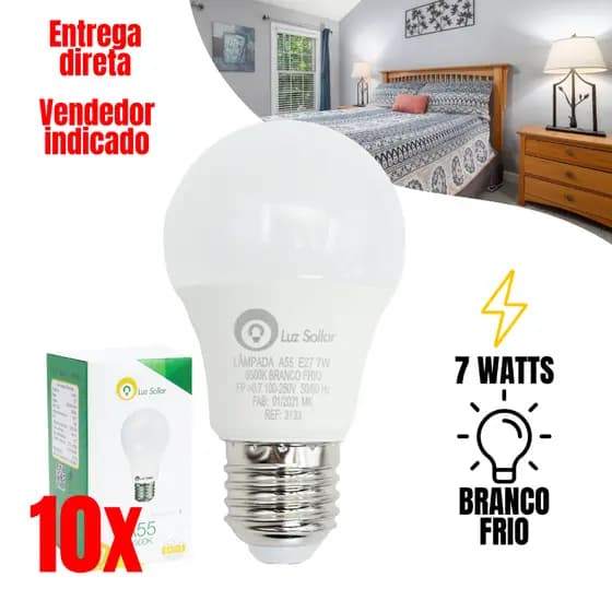 Kit 10 Lâmpada Bulbo Led 7W Branco Frio Bivolt 6500K Econômica E27 Iluminação Led Interior Casa