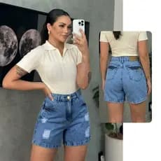 Short Jeans Feminino Cintura Alta Bermuda Meia Coxa Short Feminino Jeans Sem Lycra