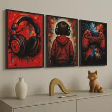 Kit 3 Quadros Decorativos Gamer | Arte Moderna com Controle, Fone e Jogador