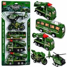 Kit Militar Com 5 Peças Caminhão Helicóptero Moto Ônibus Carrinho Fricção Colecionáveis Brinquedo Menino