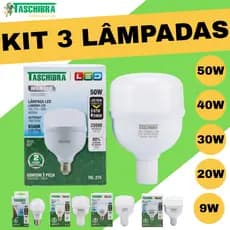 Kit 3 Lâmpadas TASCHIBRA LED Atacado - 9W 20W 30W 40W 50W Branca Fria Promoção