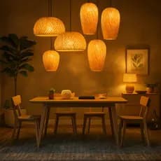 Lustre De Teto Kit 6 Pendentes Luminária De Palha Fibra Natural Orgânica Trançada Bambu Para Sítio Varanda Restaurante