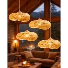 Kit 4 Luminarias Lustres Pendente teto Fibra Natural bambu madeira artesanal Moderno Trançado Com 127/220v