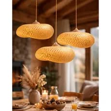 Kit 3 Lustres Pendentes Bambu Palha Restaurante Sitio Completo bivolt 40cm 127/220v