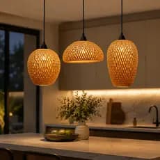 3 Lustres Pendentes Rústicos Fibra de Bambu Decoração Moderna Bivolt Acabamento Premium