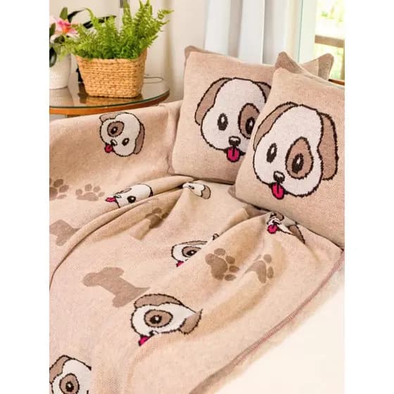 Kit Manta Sofa + 2 Capas Almofadas Cachorrinho Tricot Pet Macia Fofa Kids Dog Macho Femea