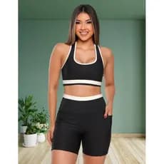 Conjunto FItness Feminino Bermuda Com Bolso e Top Modelo Nadador Para Treino de Academia e Corrida