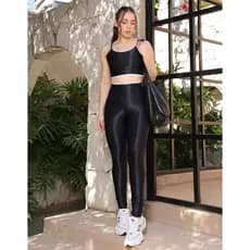 Conjunto Fitness Feminino Canelado  Calça + top sem transparência  cós alto