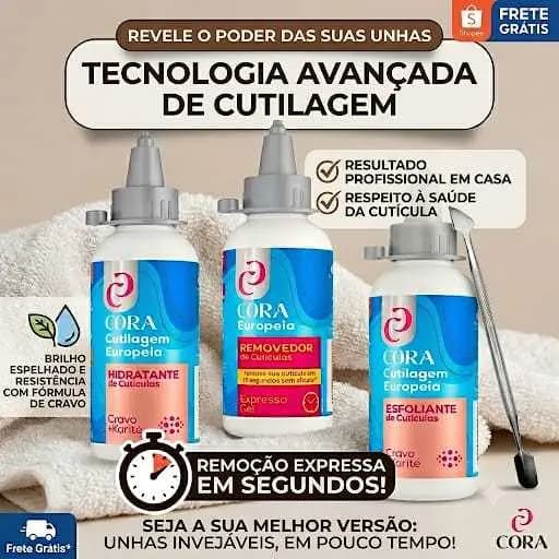Kit Cutilagem Europeia Cora 💅 Removedor + Esfoliante + Hidratante 100ml+ Espátula Dupla Inox ✨ Cutícula sem Alicate!