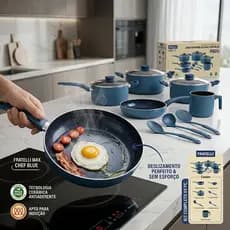 Jogo De Panelas 9 Peças Antiaderente Azul Kit Completo Cozinha Com tampa Fácil Limpeza