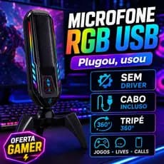 Microfone Gamer RGB USB Aitek Delta M346 Tripé 360° Live Podcast PC Plug Play