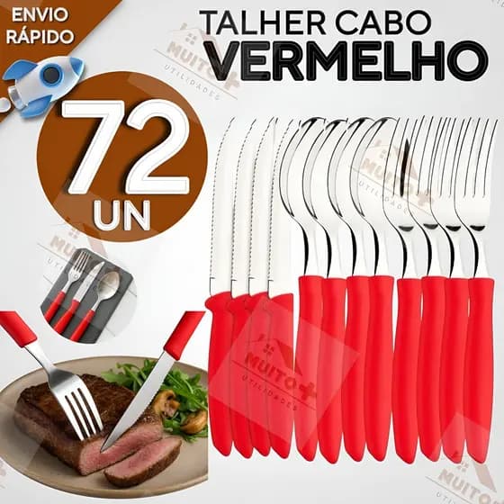 Jogo de Talheres Faqueiro Aço Inox 72 peças Prático Jogo de Talher Cabo Vermelho