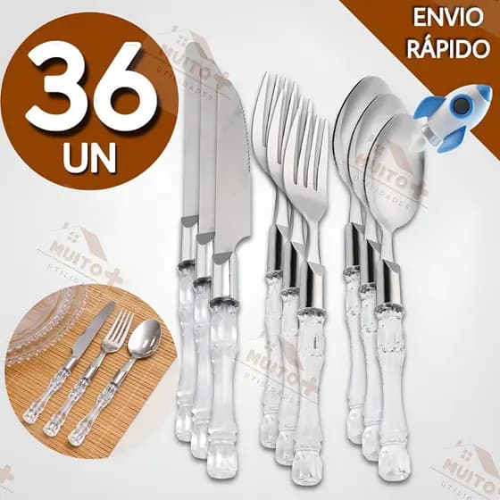 Faqueiro Cabo Transparente Cristal Acrílico 36 Peças Garfo Colher Faca Luxo