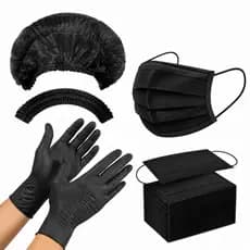 Kit 150 Mascaras Descartável Preta + 100 Luvas Nitrilica Preta + 100 Toucas TNT Preta Descartável