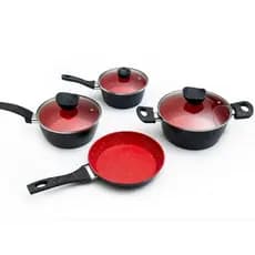 Conjunto Panelas 4 peças Stone Induction Red Point Vermelho Cabo Baquelite Antiaderente Tampa Vidro