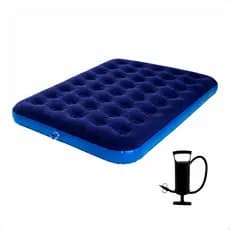 Kit 1 Colchão Inflável Cama Casal Aveludado Azul + 1 Bomba De Ar Manual 3 Bicos Para Colchão Camping