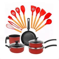 Conjunto 17 Peças Panela Antiaderente + Utensílios Resistente ao Calor com Cabo de Madeira e Suporte