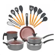 Conjunto 17 Peças Panela Antiaderente + Utensílios Resistente ao Calor com Cabo de Madeira e Suporte