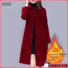 Casaco Feminino Longo e Grosso de Lã Forrado, Cor Sólida, Elegante, com Lapela, Casual para Outono/Inverno, Tamanhos Gra