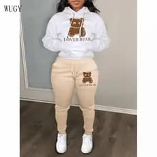 Conjunto de moletom com estampa de urso e estampa de canguru, conjunto de manga longa, com capuz, com cordão para mulher