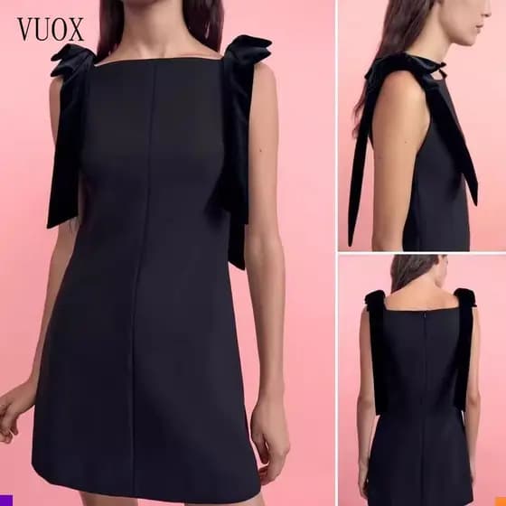 Vestido curto feminino de veludo com laço e gola reta, estilo novo de outono 2026 9057777 HCSR