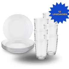 Jogo De 6 Pratos Fundo e 6 Copos de Vidro Arizona Transparente Kit 12 Unidades