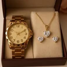 Kit Relógio Feminino Folheado Dourado Com Colar  Brinco Presente