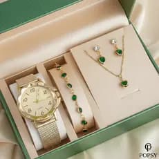 Relógio Feminino+ Kit Colar Brincos Pulseira Folheado A Ouro