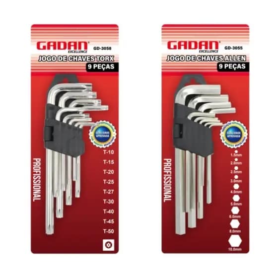 Kit Jogo de Chaves Allen ou Torx Gadan – 9 Peças Cada – Profissional e Resistente