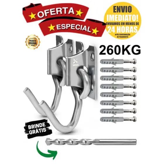Gancho de Rede Suporta 260Kg Reforçado, Acabamento 3/8 Acompanha Parafuso e Buchas