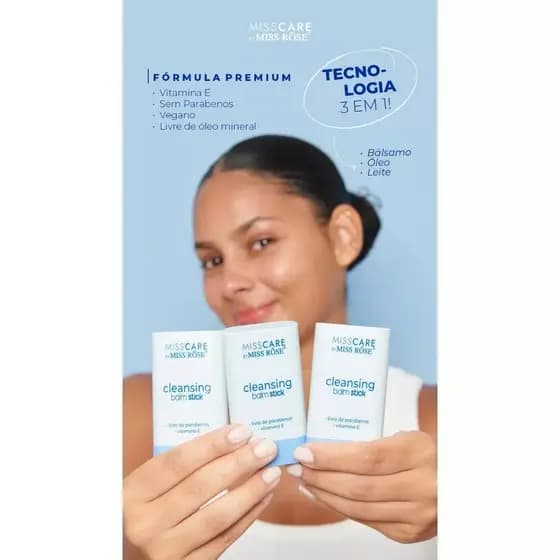 Cleansing Balm Stick Misscare by Miss Rosê Demaquilante 3 em 1 Limpeza Profunda Hidratação 30g